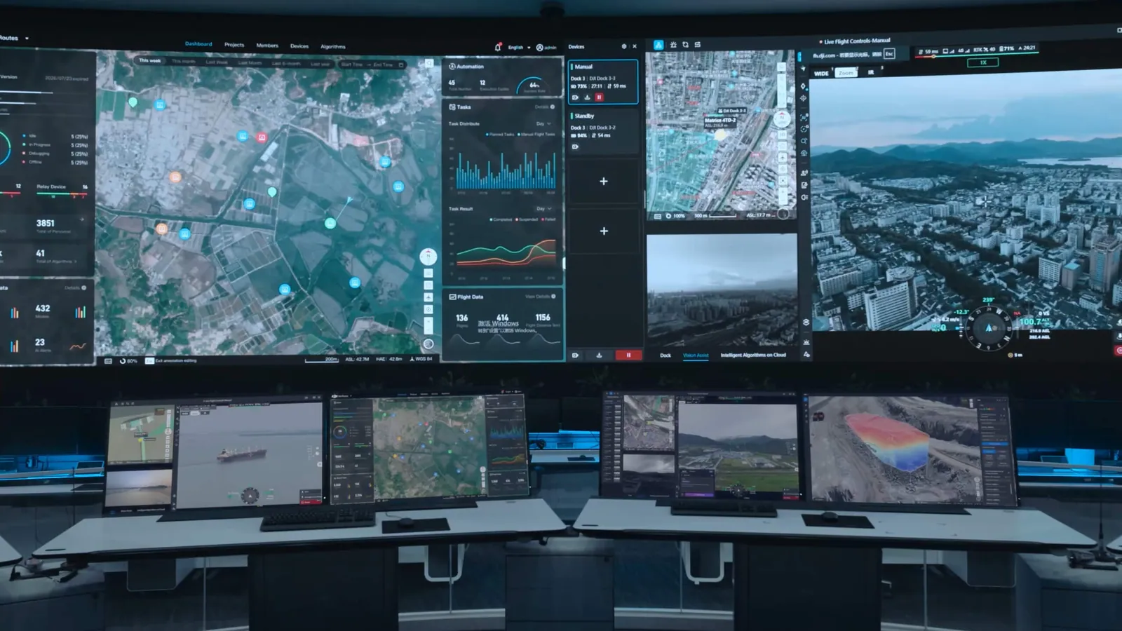 Unified control centre: maps, telemetry and drone video on a shared video wall